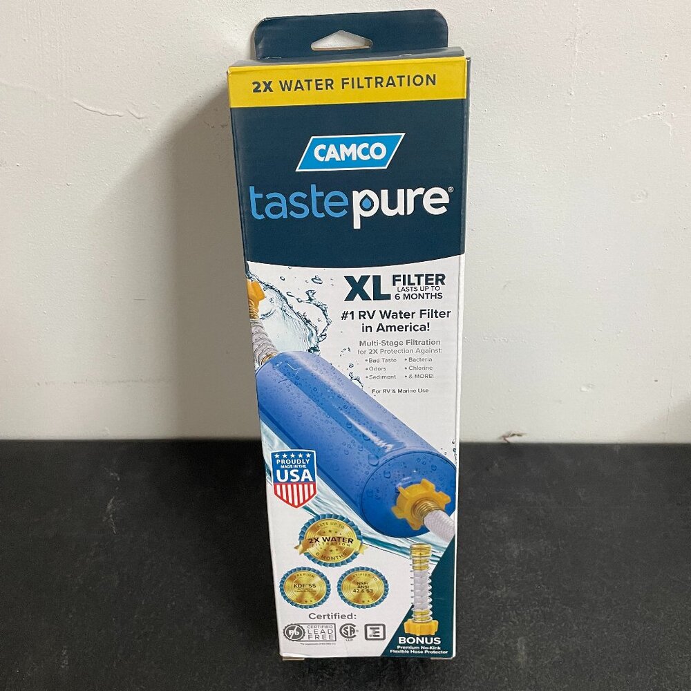 Camco RV & Marine Exterior XL Carbon Water Filter W/ Flexible Hose 40019